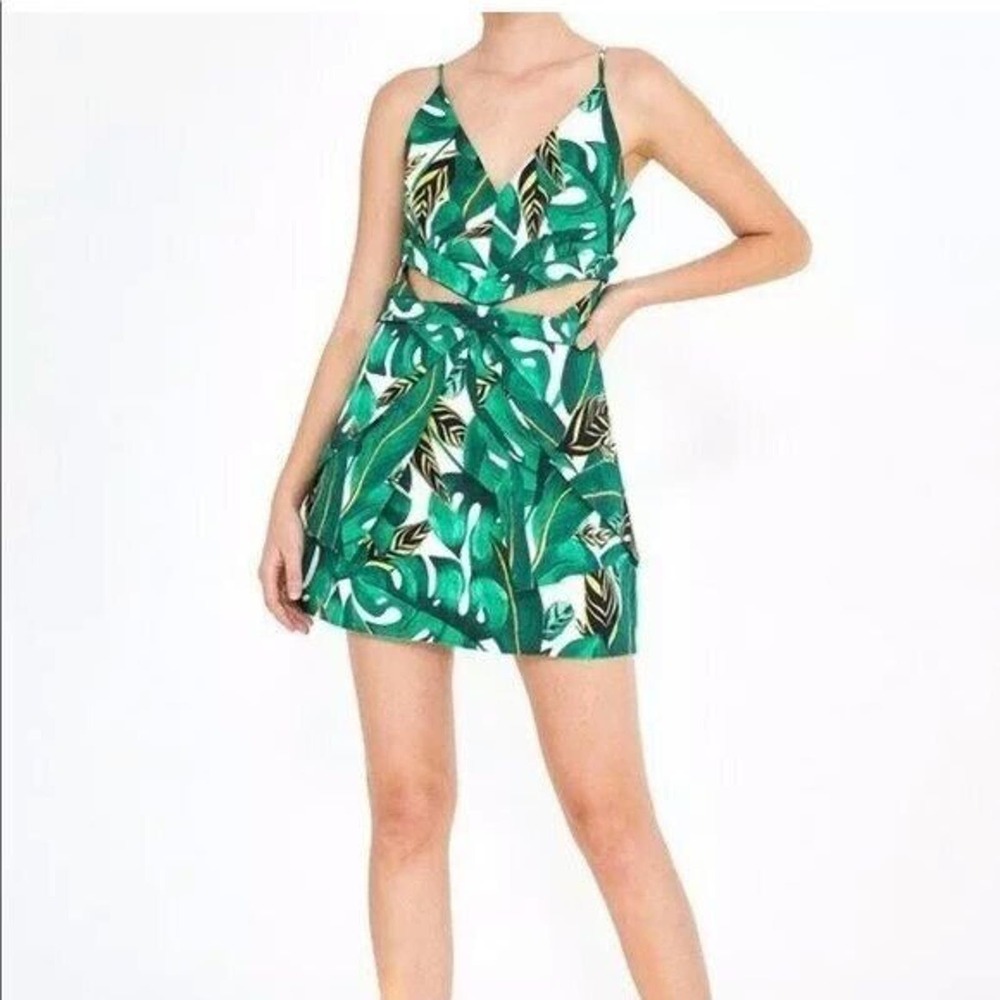 FARM Rio Green Leaf Print Mini Dress